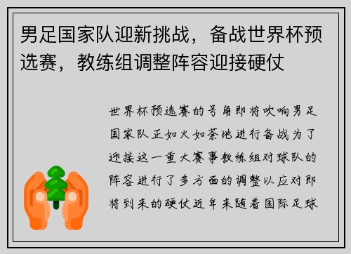 男足国家队迎新挑战，备战世界杯预选赛，教练组调整阵容迎接硬仗